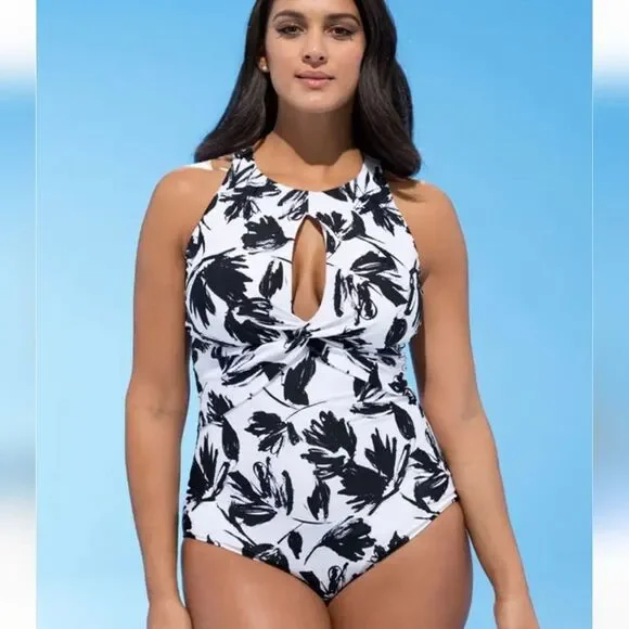 Swimsuits For All Keyhole One Piece Black White Floral Swimsuit Size 20 - Picture 2 of 8
